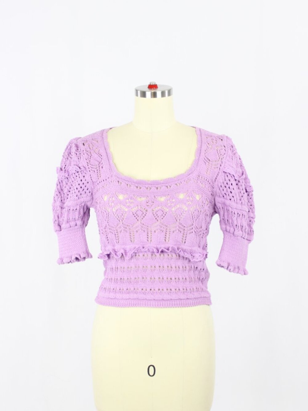 ZARA Purple Cotton Blend Crochet Pointelle Knit Puff Sleeve Sweater, Size S